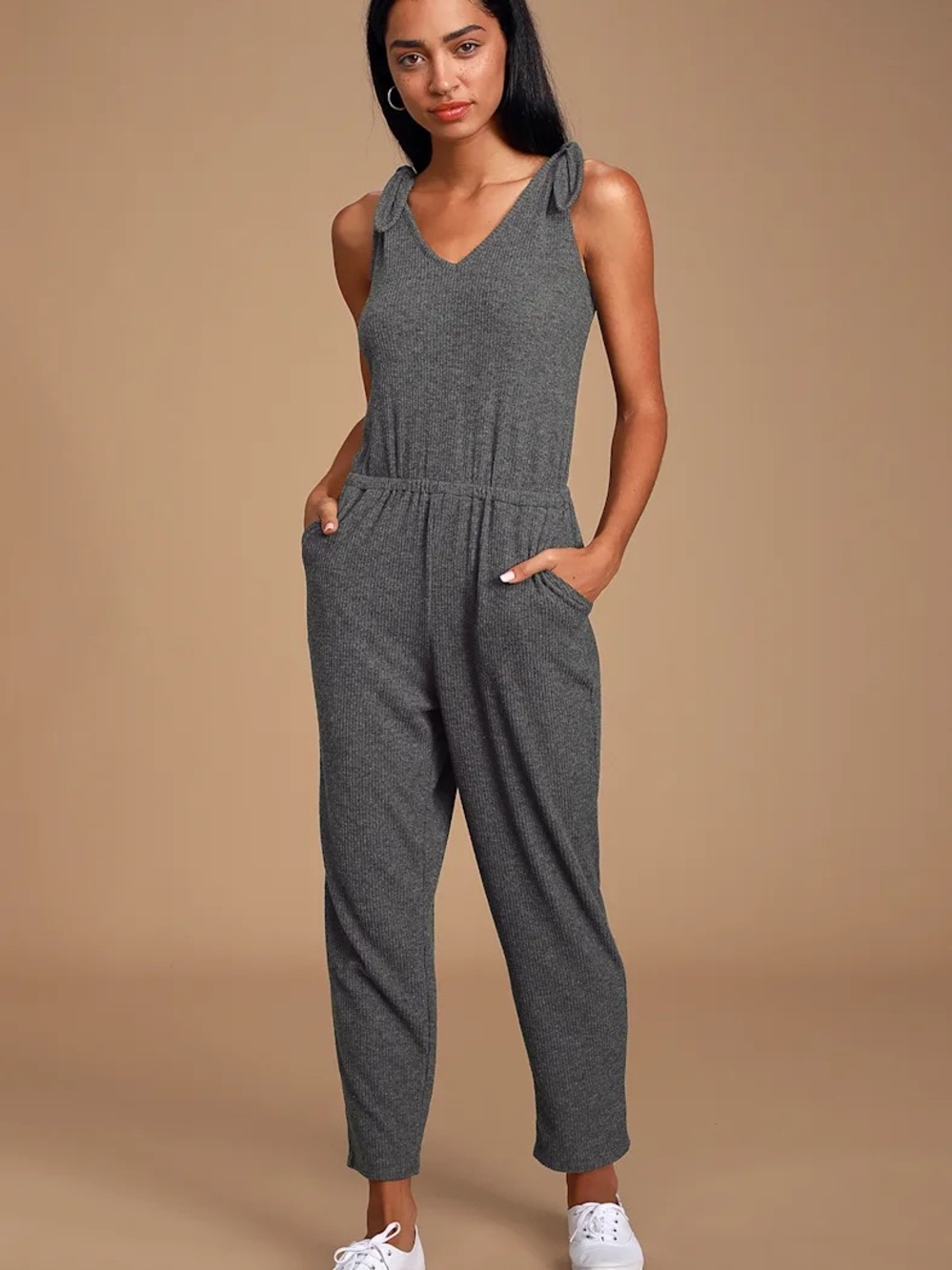 Lulu's Belmore Heathered Charcoal Grey Ribbed Sleeveless Jumpsuit